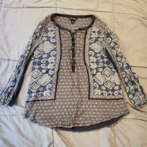 Lucky Brand Blue and Cream Patterned Blouse